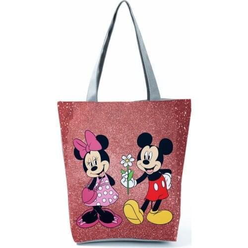 Disney Mickey Minnie Printed Handbag Cartoon High Capacity Eco Reusable Shopping Bag Red Casual Women Shoulder Bag Beach Bag