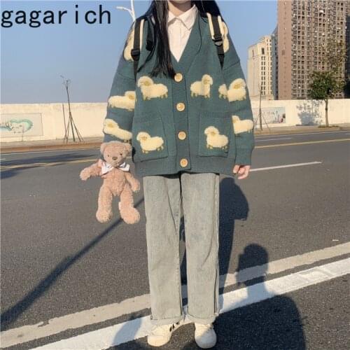 Gagarich Sweet Knitting Cardigan Woman 2021 Autumn New Japanese Lazy Style Loose V-neck Single Breast Sheep Print Female Sweater