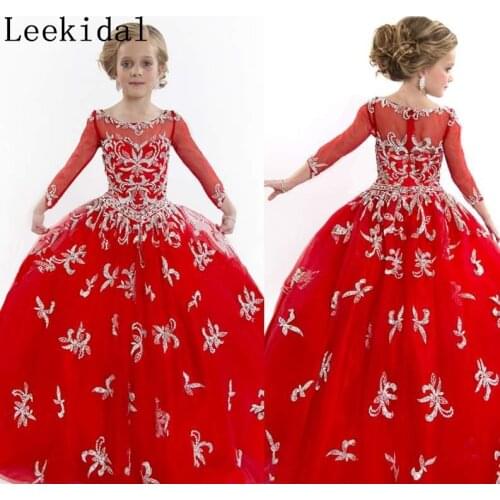 Red Princess Ball Gowns Long Sleeve Lace Applique Vintage Girls Pageant Puffy Pageant Gowns Custom