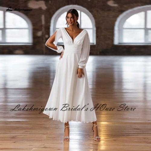 Lakshmigown Simple Puffy Long Sleeve White Wedding Dress Tea Length 2022 Robes Boda Plunging Elegant Bridal Receipt Party Gowns