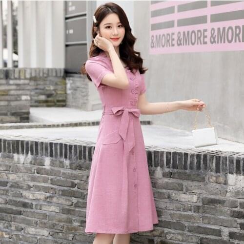 Summer New Slim Medium Length Sweet Lace Up Fashion Cotton V-Neck Breasted Women Cocktail Dresses 9846