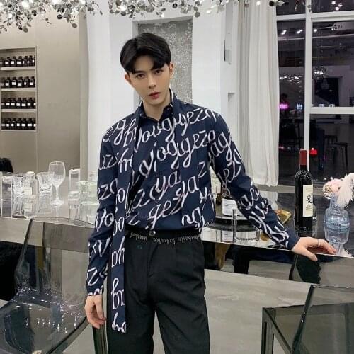 2020 British Style Men Fashion Tie Collar Long Sleeve Casual Shirts Male Streetwear Dress Shirt Stage Clothes Camisa Masculina