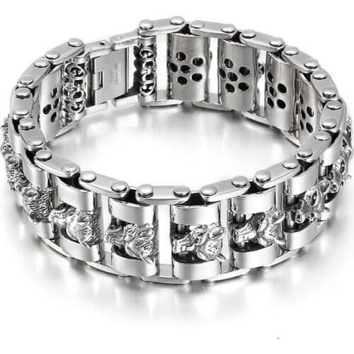 Jewels Store Trend Wolf Head Wide Bracelet Mechanical Chain High Quality Mens Stainless Steel Bracelets For Man JS78136-BD