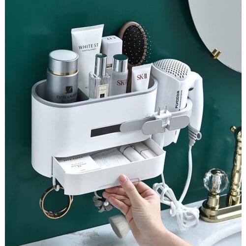 Bathroom Makeup Organizer Wall-mount Cosmetics Storage Box Make up Organizer Shampoo Storage Holder Box Hair Dryer Rack Shelf