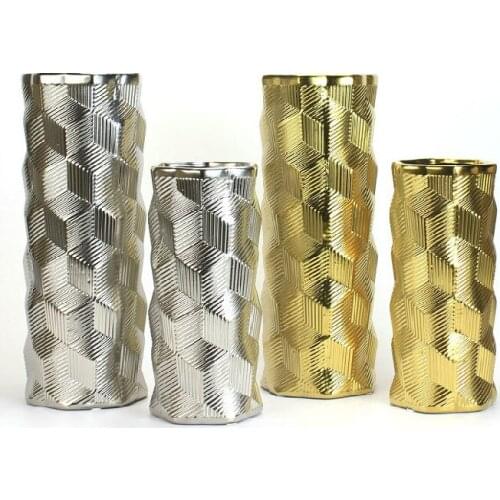 Straight Ceramic Vase Gold Geometric Twill Creative Silver Flower Decoration Vase Decoration Home