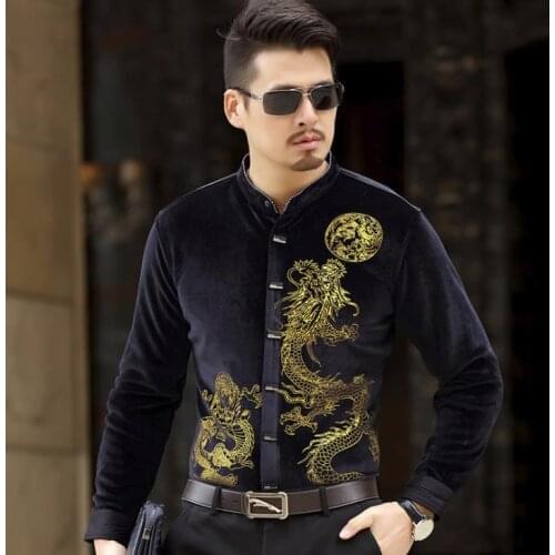 Mens Trendy Luxury Silk Shirts Formal Stand Collar Black Blue Red Velvet Shirt Slim Thick Style Dragon Pattern Drop Shipping