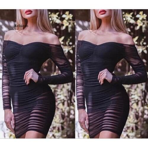 Off Shoulder Black Sexy Party Dress Women Bodycon Summer Dress Nightclub Solid Fashion Mesh Dress Long Sleeve New