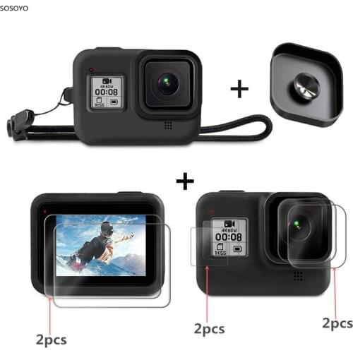 9 in 1 Suit Silicone Case Lens Cap Protector Cover Tempered Glass Protective Film Set For GoPro Hero 8 Action Camera Accessory