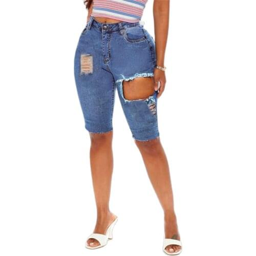 Blue Straight High Waist Hole Denim Shorts Women 2021 Summer Ripped Streetwear Jeans Shorts Lady White Cotton Knee Length Jeans
