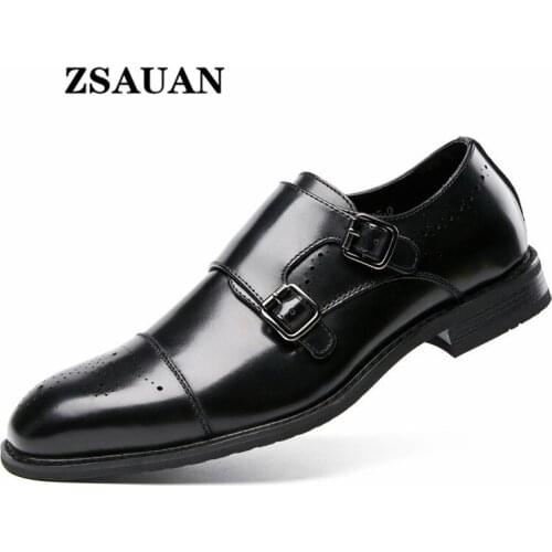 Elegant Monk Strap Men Oxford Leather Shoes Real Genuine Leather Men Groom Suit Shoes ZSAUAN Heavy Formal Shoes Brogue Fashion
