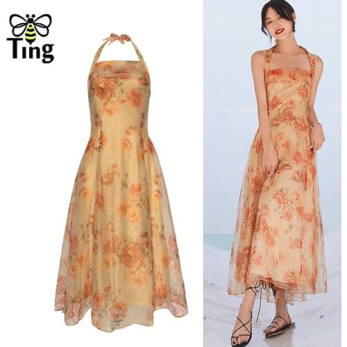 Tingfly Vintage Painting Floral Open Back Lace Up Summer Midi Dress Lady Girl Fashion Sexy Hater Neck Party Dresses Goblincore