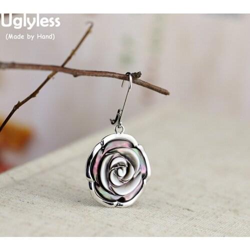 Uglyless Handmade Natural Shell Blooming Rose Flower Earrings for Women Real 925 Sterling Silver Floral Dangle Earrings E1697