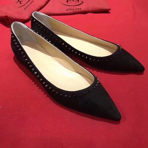 Black Riveting Nail Pointed Shoes Womens Flat New Shallow Mouth Shoes Elevator Slim Red Shoes