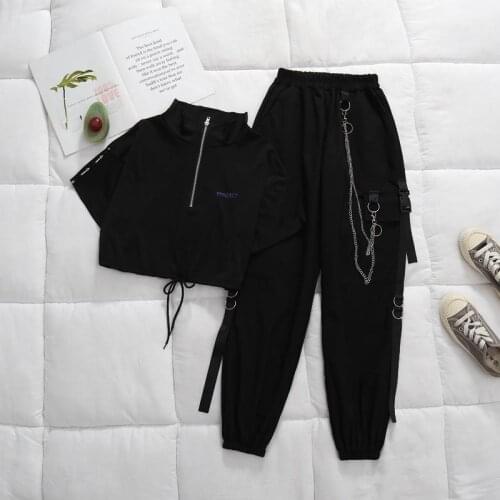 Fashion Cool Women Set Women Cargo Pants Harajuku Trousers Punk Pants Women T-shirt Zipper Hip Hop Streetwear Women Suit 2021