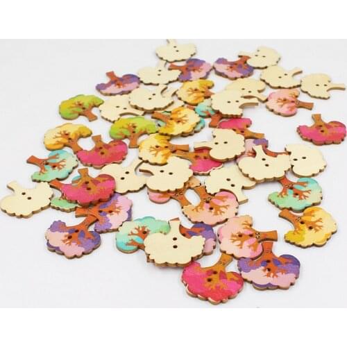 50pcs Mixed 2 Holes Decorative Buttons Wooden natural Lovely cartoon Tree Wood Buttons Sewing Scrapbooking accessories