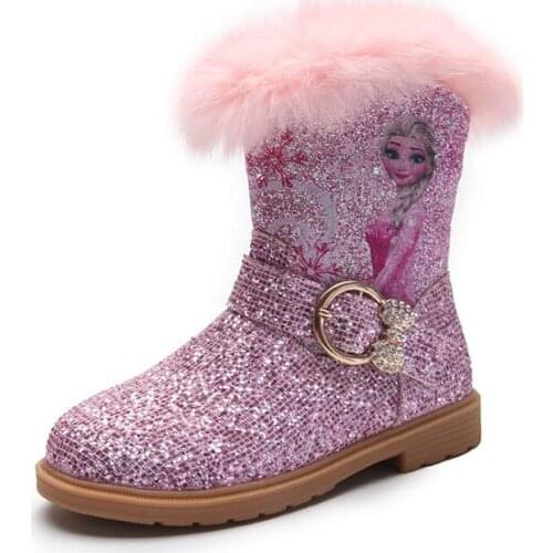 Disney Frozen Princess Elsa Boots For Girls Winter Warm Plush Snow Boots Sequins Children Party Shoes Waterproof Martin Boots