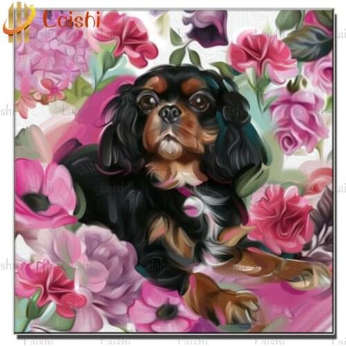 Photo custom Cartoon doodle King Charles Spaniel with flowers diy diamond painting full square round drill home decoration