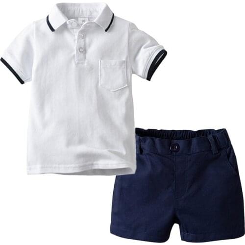Children Clothing Summer T-shirt Set For Boy Kids' White Short Sleeve Shirt Woven Shorts Two Piece Casual Lapel T-shirt Shorts