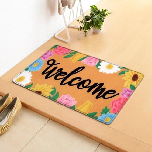 WUJIE "Welcome" Pattern Mats for Front Door Washable Kitchen Rugs Mats Non Slip floral Area Rug for Living Room Bedside Carpet