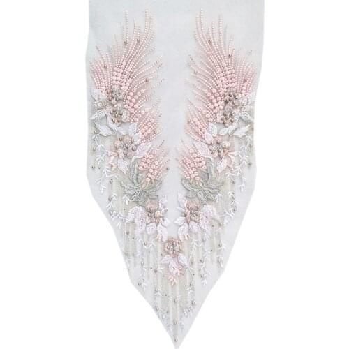 Lace Applique 3D Beaded Embroidered Floral Rhinestone Trim Patches Great DIY Neckline Bodice Wedding Bridal Prom Dress