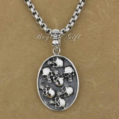 LINSION 925 Sterling Silver Skulls DogTag Mens Biker Rock Punk Pendant 9R002