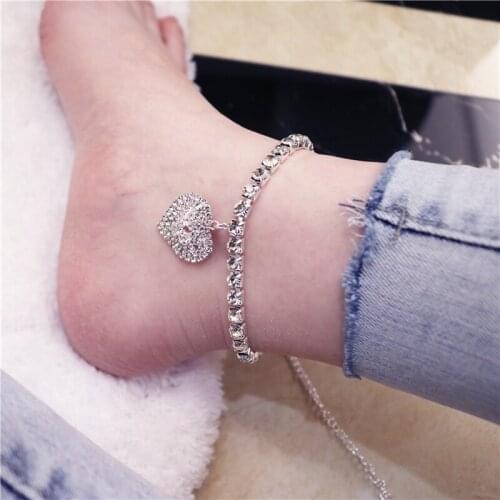 Love Heart Anklet Bracelet Silver Color Cubic Zircon Anklet Sandals Foot Jewelry Fashion Sexy Rhinestone Beach Barefoot Anklet