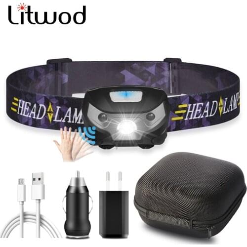 Built in Battery Powerful LED Q5 Red&White Headlamp Light Body Motion Sensor Flashlight USB Rechargeable Headlight Litwod Lamp
