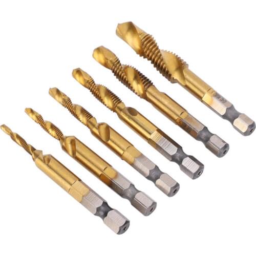 6Pcs HSS Tap Drill Bits Set High Speed Steel Titanium Coated Hex Shank Thread Hand Tool M3-M10 Tap and Drill Bit Tool