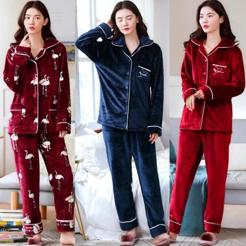 2 Pieces Winter Women Thicken Warm Soft Pajamas Female Flannel Pajamas Set Mujer Long Sleeve Sleepwear for Girls Ladies Pyjamas
