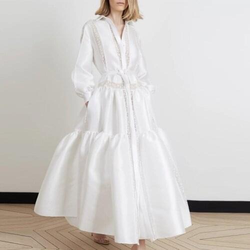 White Shirt Dress Satin Lapel Button Pleated Ruffle Hem Midi Dress Elegant Lace Patchwork HB356
