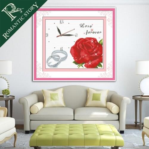 Romantic Story CT11 DIY Rose Flower Pattern Clock Cross Stick Embroidery Kit Cross-Stitch Handwork Home Decor Needlework