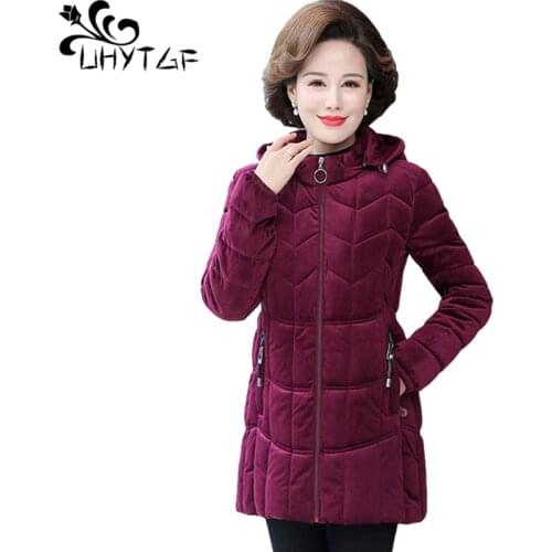 UHYTGF Hooded Warm Winter Coat Women Quality Gold Velvet Down Jacket Casual Cotton Outerwear Lamb Wool Loose Plus Size Tops 1421