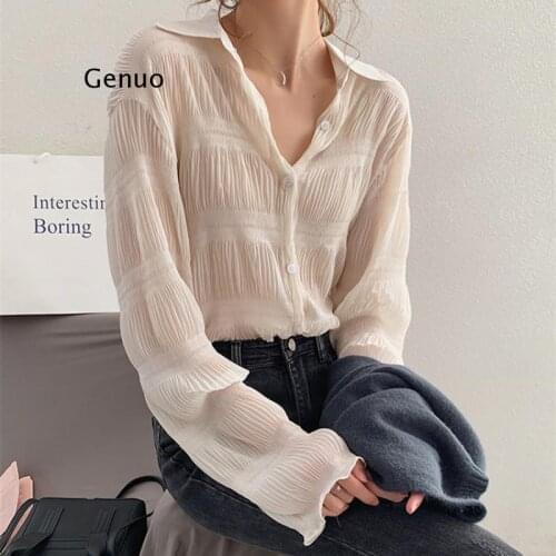Spring Vintage Elegant Women Chiffon Blouses Casual Long Sleeve Blusas Femme Turn-down Collar Solid Shirts Female Tops