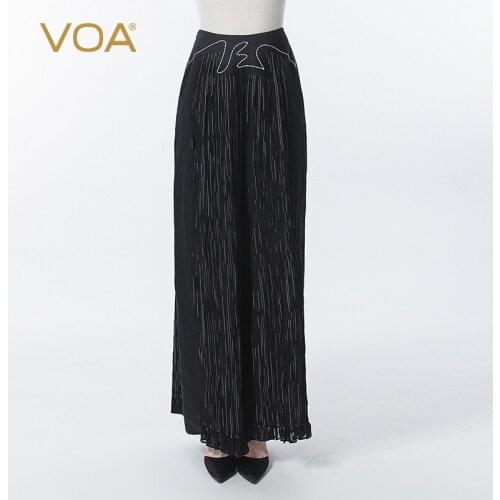 VOA Silk Double Craft Jacquard Mysterious Black Natural Waist Fold Open Line Decorative Auricularia Fold Wide Leg Pants KE515