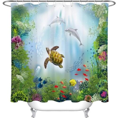 Turtle Fish Corals Dolphins Shower Curtain Underwater World Bathroom Waterproof Eco-Friendly Polyester Fabric For Bathtub Decor