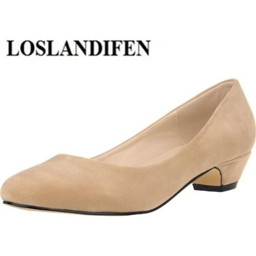 LOSLANDIFEN Womens Pump Round Toe 3 cm Kitten Heel Stable Thick High Heel Shoes for Office Lady Women Flock Mujer Zapatos 35-42