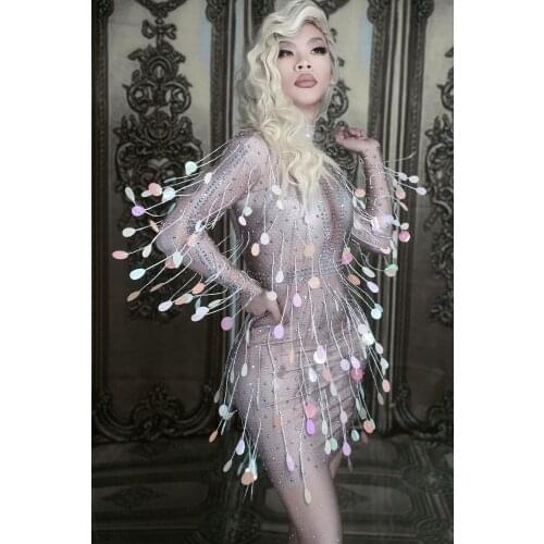 Women Singer Sexy Stage Dance Wear Nightclub Prom Celebration Show Costume Female Bright Sequins Crystals Skinny Short Dress