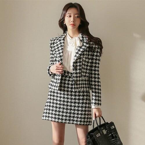 Autumn Winter Runway Women Clothes Houndstooth Plaid Tweed Two Piece Set Long Sleeve Jacket Suit Coat & Wool Skirt Suits 2020