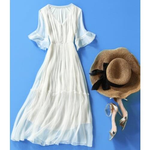 100% Silk Summer Dress for Women 2021 White Beach Dress Female Elegant Midi Ladies Dresses Casual Vestido De Mujer Pph4816