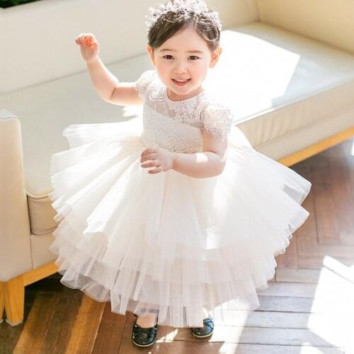 2021 White Dress 1st Birthday Dress For Baby Girl Ceremony Ball Gown Bow Princess Tutu Dress Party And Wedding Dresses 1-8 Years