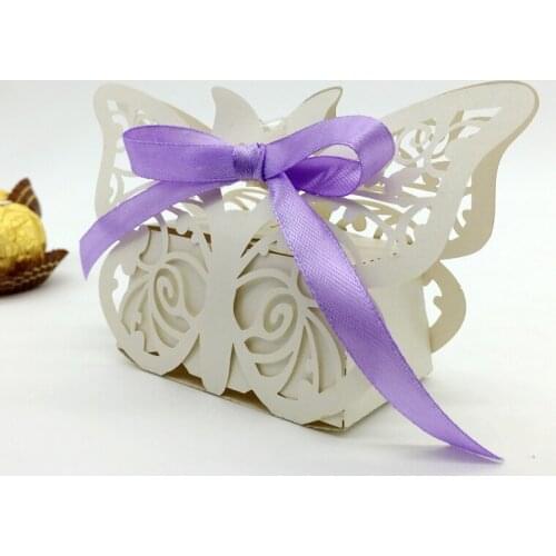 Free Shipping 10pcs C03W White/Blue Butterfly Laser Wedding Candy Boxes Chocolate box Favour Box With White Ribbon