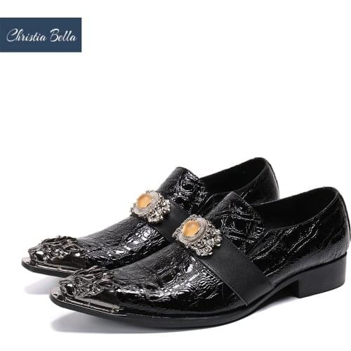 Christia Bella Italian Party Men Dress Shoes Metal Pointed Toe Genuine Leather Shoes Big Size Business Formal Shoes Male Brogues