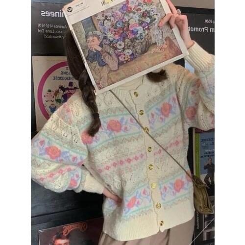 Japanese Gentle Jacquard Knitted Cardigan Womens 2021 Autumn Loose Retro Lazy Sweater Student Coat Women Hollow Tops Spring