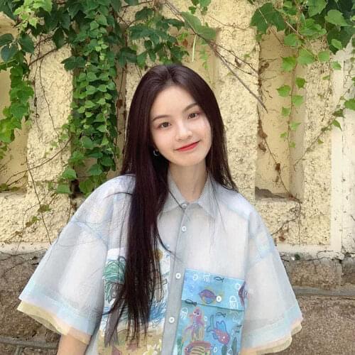 KoukiMa Print Mesh Shirts Textured Blouse Short Sleeve Turn-Down Collar Korean Style Unique Shirts 2021 Women Vestidos