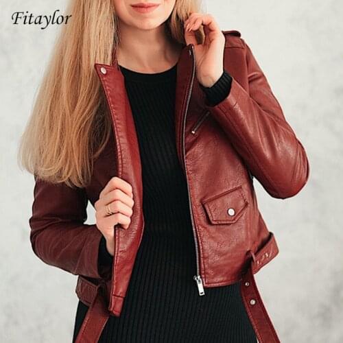 Fitaylor 2020 Spring Autumn Women Faux Soft Leather Jacket Long Sleeve Pink Biker Coat Zipper Design Motorcycle PU Red Jacket