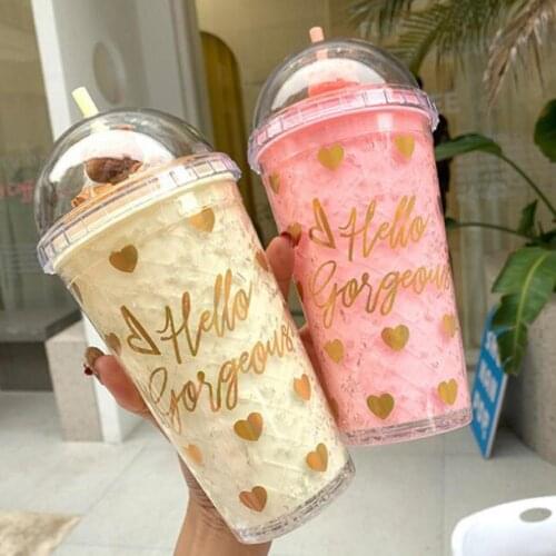 Summer Double Layer Ice Cream Juice Mug w/Straw Water Drinking Cup Cartoon Bear Pattern Drinkware Silicone Iced Hot Water Mug