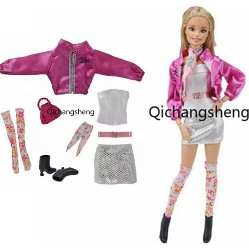 Fashion Rosy Jacket 11.5" Doll Outfits Set For Barbie Clothes 8 items/set Coat Skirt Bag Socks Shoes 1/6 BJD Dolls Accessories