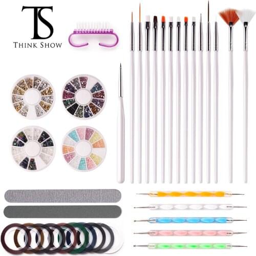 THINKSHOW Nail Art Tool Set Nail Brushes Double-ended Dotting Pens Paillette Foil Chips Manicure Tapes Nail Rhinestone DIY Art