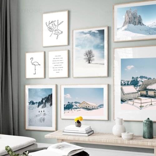 Snow Mountain Landscpe Nordic Poster Line Animal Wall Art Canvas Painting Modular Wall Pictures for Living Room Decoration