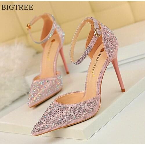 BIGTREE Women Sexy Crystal Pointed Toe Party Wedding Shoes 10CM Korean Fashion Ankle Buckle High Heels Womens Sandals Shallow